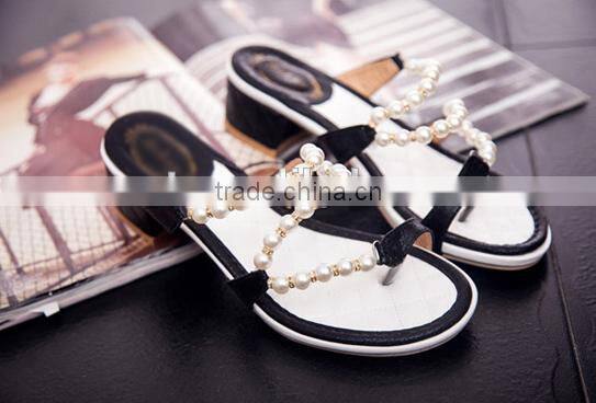Roman style women sandals thick heel pearls summer shoe Large size bulk shoes with pearls