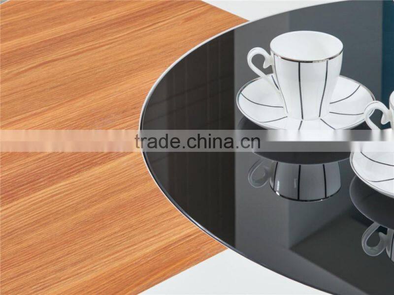 Modern wooden high glossy white and teak color round functional dining table and dining chair in dining room sets