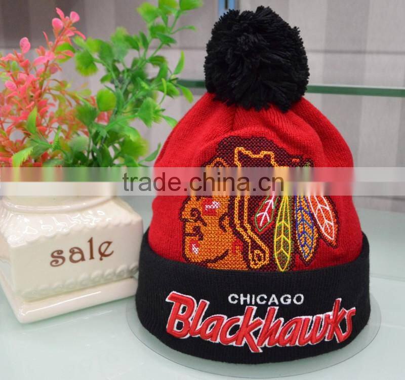 OEM wholesale custom beanie 3D embroidery logo pom pom beanie hat/knitted beanie cross-stitch