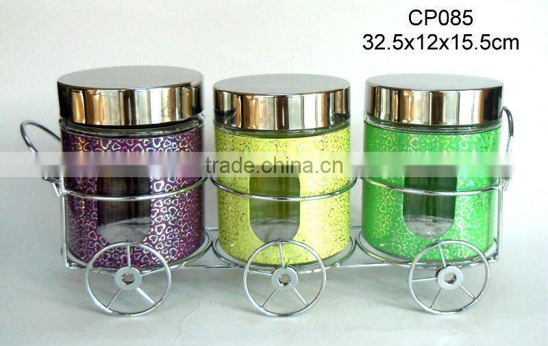 CP063T 8pcs glass storage jar set with metal casing and rack