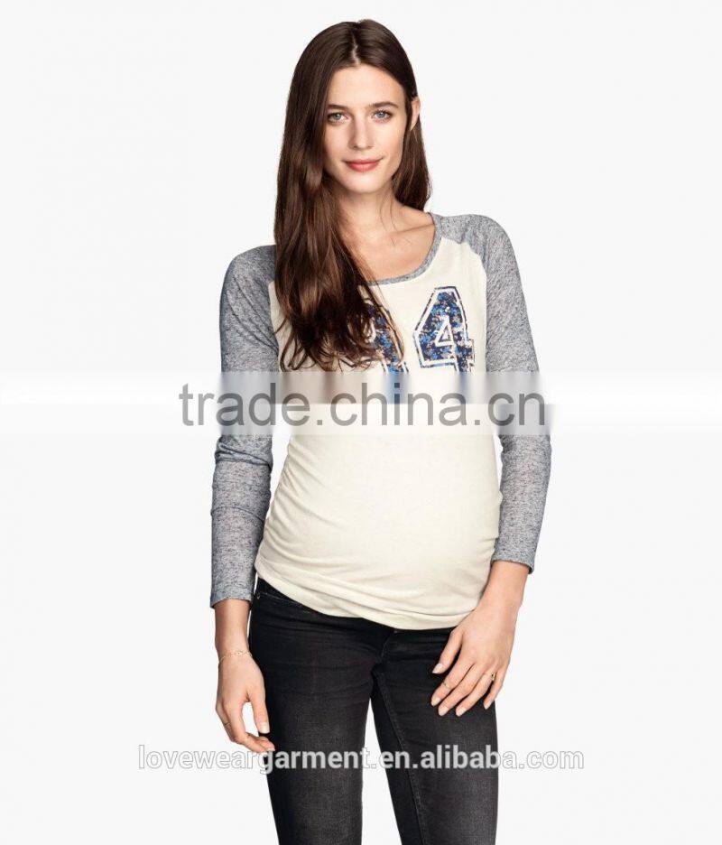 Wholesale cheap long sleeve casual raglan sleeve maternity t-shirt with number print