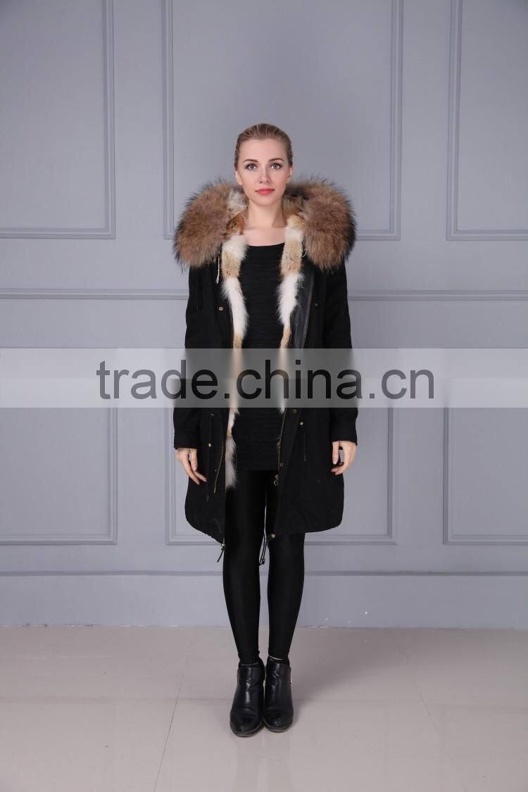 New Fashion Real Raccoon Fur Collar Fox Fur Lining Removable Hooded Parka