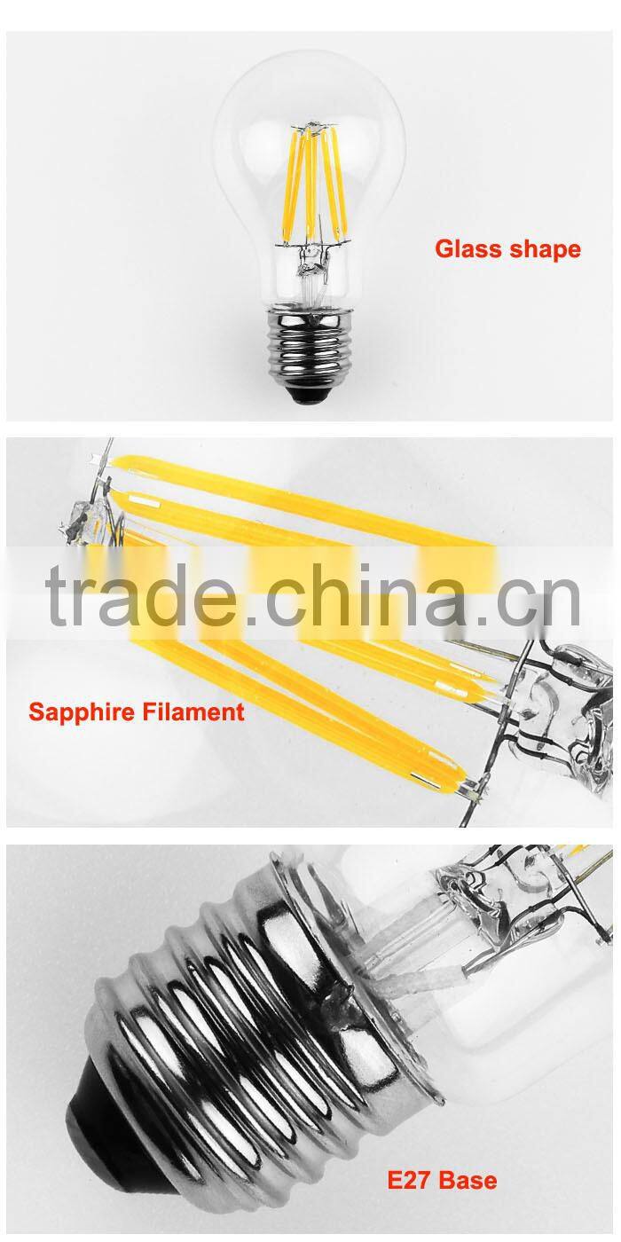 2014 new arrival E27 360 degree A60 LED Filament bulb, 6W led filament candle light