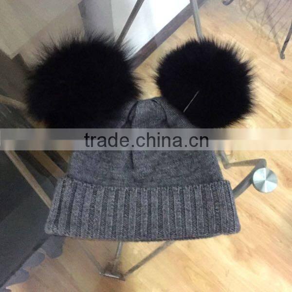 New Design Knitted Wool Baby Beanie Hat with Two Fox Fur Pom poms Balls for Cute Baby
