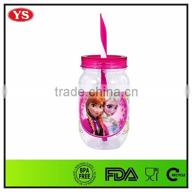 Customized 18 ounce Plastic eco mason glass jar with straw and lid
