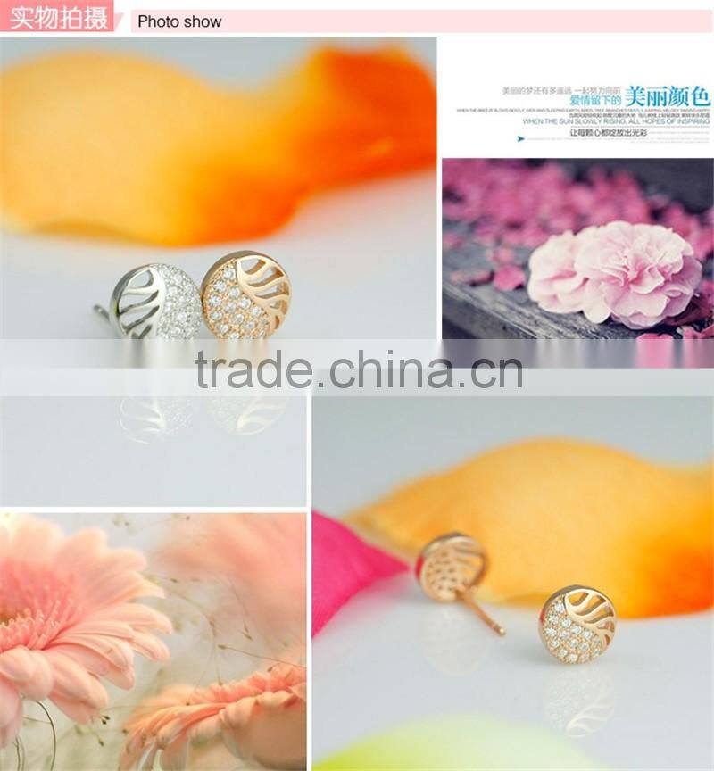 round leaf shaped zircon gold plating lady elegant stud earring circle silver