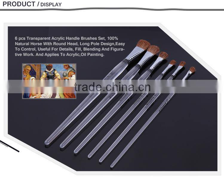 Art supplies custom personalized upscale horse hair long transparent plastic handle brush paint acrylic art brush for artist
