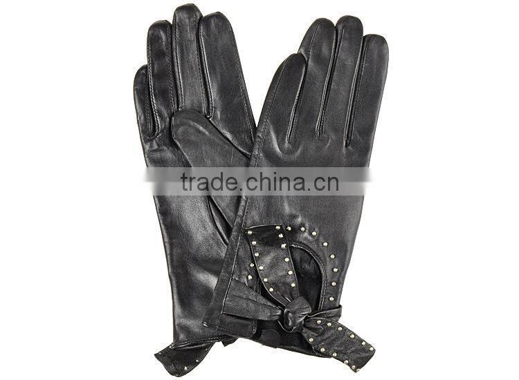 Beautiful bowknot design rivet sheepskin leather gloves for MS