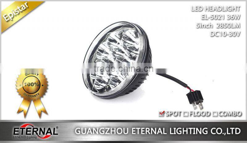 5in 36W round car automotive truck trailer vehicle led headlight with H4 plug high power spot driving beam