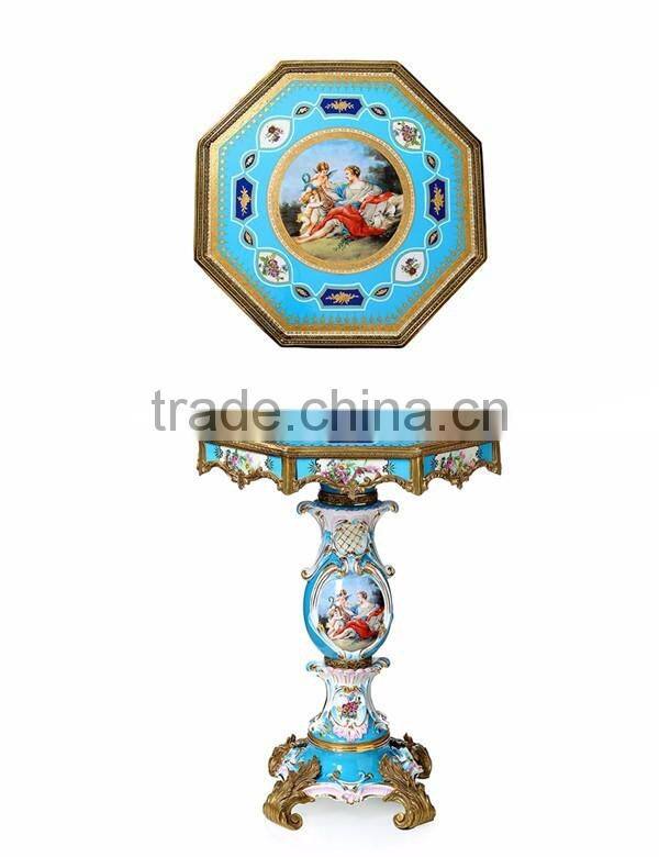 Imitate Figurine Porcelain Center Table With Brass Mounted Edge, Hand Painting European Small Round Table Inlaid Ceramic Desktop