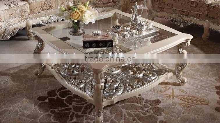 Luxury white color solid wood hand carved living room furniture glass top square coffee table