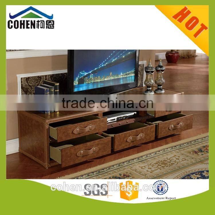 2016 New design European vintage chesterfeild style top grain leather tv stand/tv cabinet and home furniture