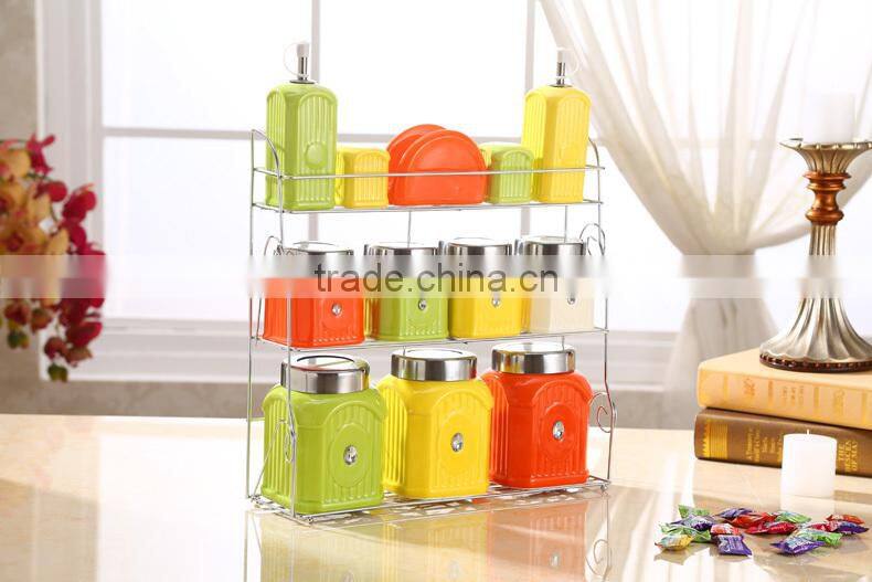 Kitchen ceramic canister set with stainless metal stand