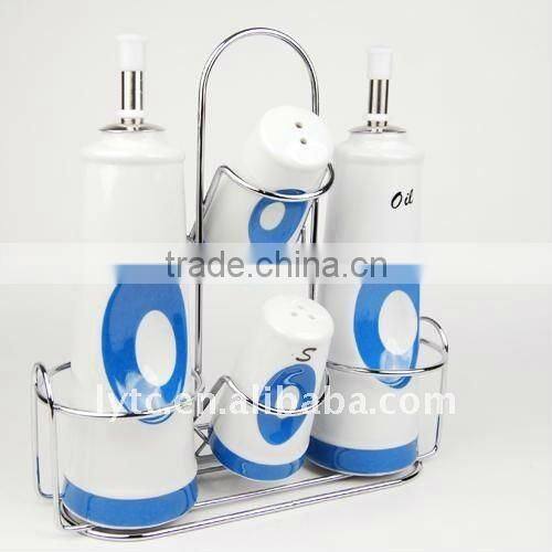 4PCS ceramic seasoning pot,ceramic spice jar,ceramic salt&pepper shaker,ceramic salt & oil vinegar bottle with metal stand