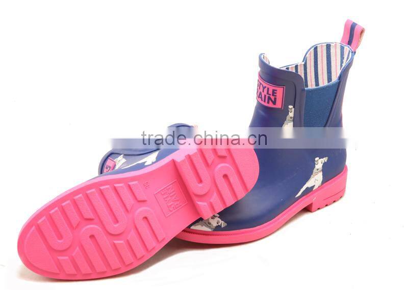 navy upper pink outsole white dog printed lovely fashion design chelsea rubber shoes waterproof wellies low cut ankle rain boots