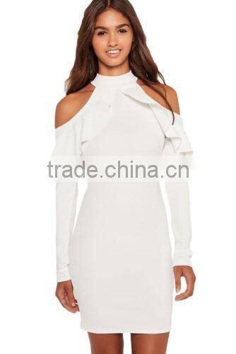 Women Frill Cold Shoulder Long Sleeve Mini Short Bodycon Club Dress White