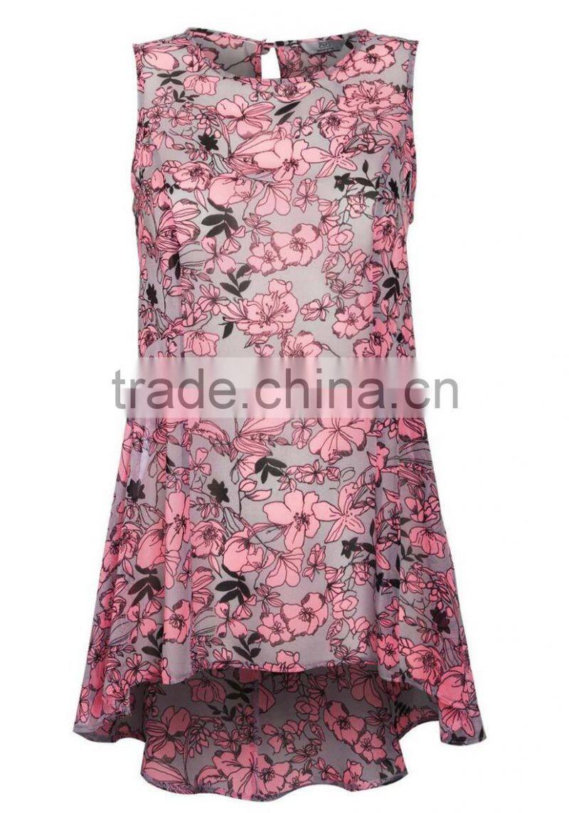 Women clothing for print drop back hem chiffon top China manufacturer