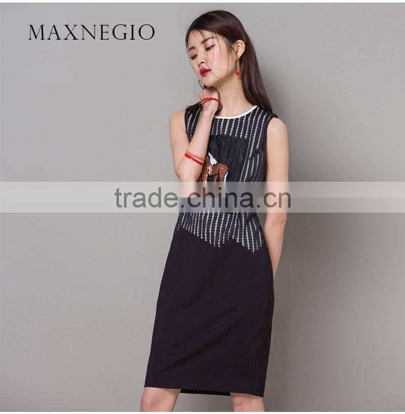 Summer 2016 Hot Sleeveless Patchwork Beading Pencil Dress for Women Elegant OL Above Knee Mini Dress Lady