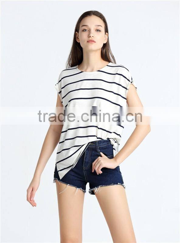 European American style leisure loose knitting minimalism round collar short sleeve stripe T-shirt