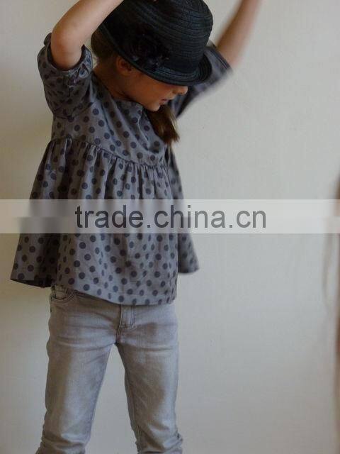 Kids Girls Ruffle Long Sleeve Shirts Grey Dots Cotton Custom Latest New Model Kids Girls Shirts
