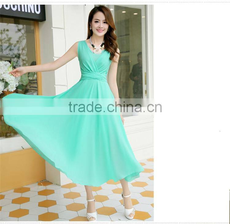 2016 Summer Hot sale Sleeveless V neck Long dress skirt for girls beach dress