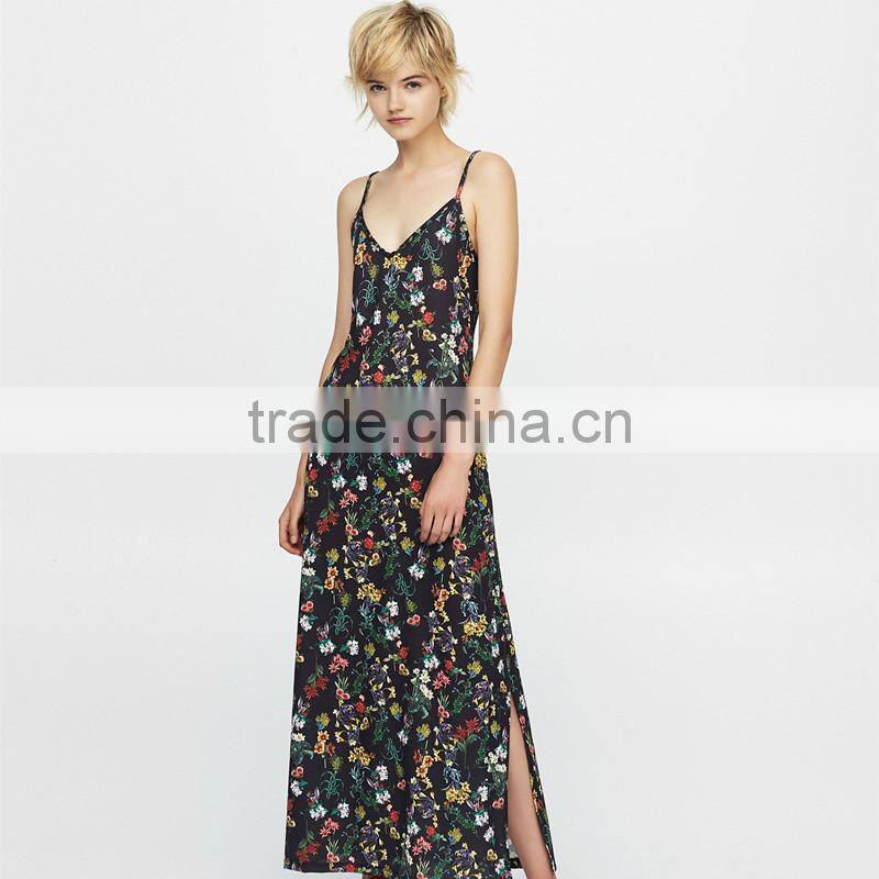 spaghetti strap and V-neck ladies hem split sleeveless maxi dress