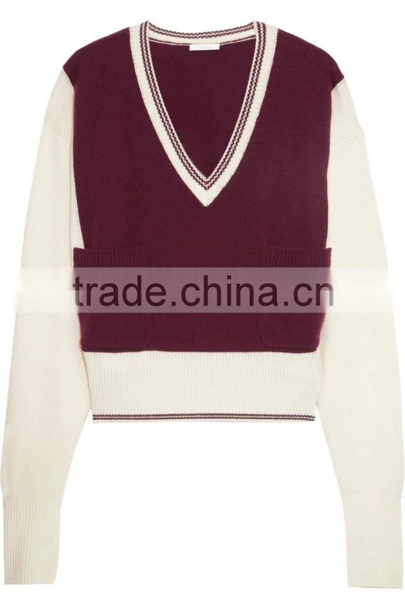 V-Neck Burgandy and Ivory Color Combination Women's Cashmere Sweater in Raglan Sleeves Design