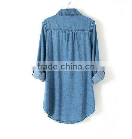 new lady's long sleeve loose casual contrast color denim shirt with two pockets