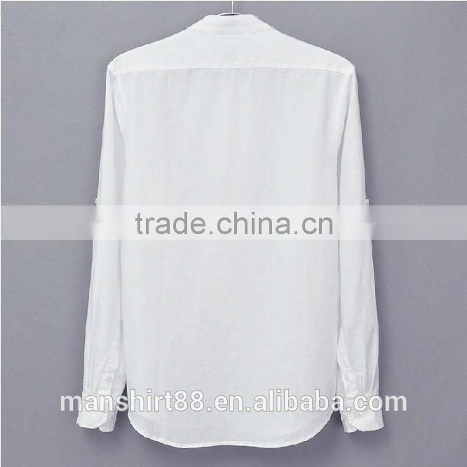 rolled sleeve mandarin collar hemp linen shirt for men