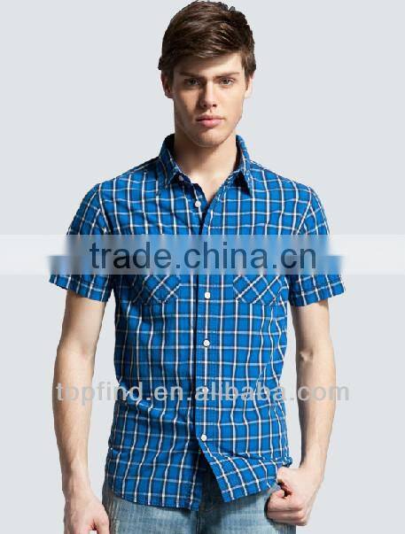 Short Sleeve Cotton Plaids Double Pockets Men Shirts