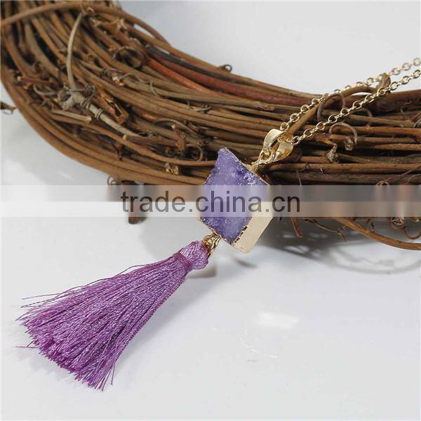 New Fashion Natural Quartz Crystal Druzy /Drusy Necklace Link Cable Chain Gold Plated Purple Square Pendant Tassel