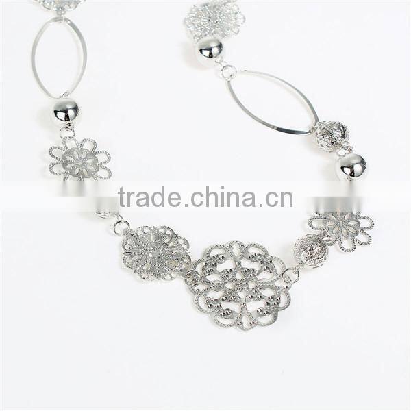 New Fashion Copper Filigree Stamping Sweater Necklace Long Link Curb Chain Silver Tone With Hollow Flower Connectors
