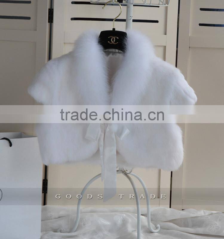 SJ131-01 Rabbit Fur with Fox Trimming Beautiful Bride White Wedding Shawls