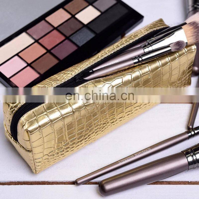 Square Pattern Pen Organiser Travel Golden PU Leather Pencil Case