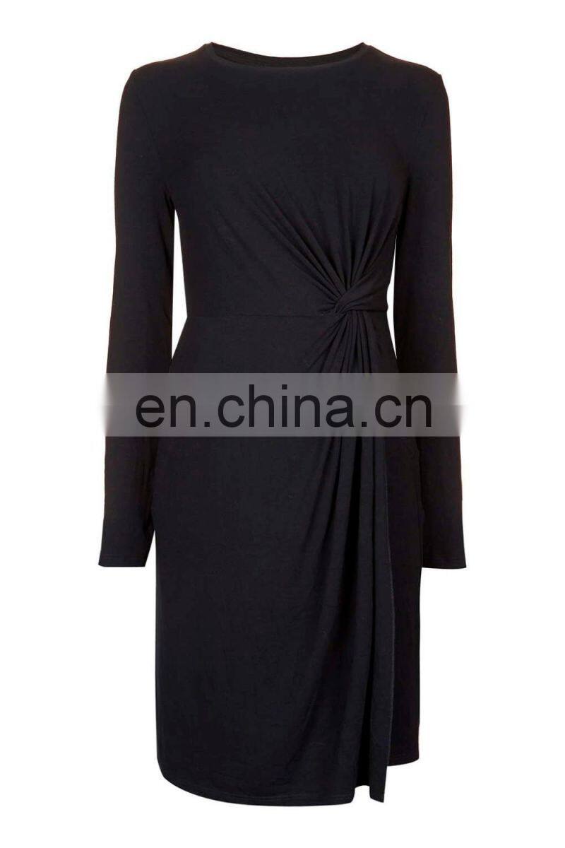 Black long sleeves viscose dress women with knot front