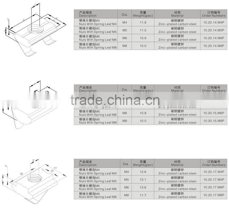 M4 Roll-in T Slot Nut with Spring Leaf Elastic Nut for 40 serie Aluminum Profile Slot 8