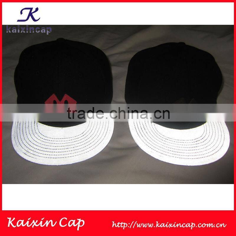reflective materials custom baby 5 panel cap /custom logo leather patch cap/snapback cap /flat brim cap /leather strap cap