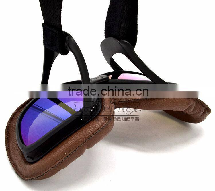 BJ-GT-008 Fold Design Brown Leather Colorful Lens Motorcycle Goggles Roll Off