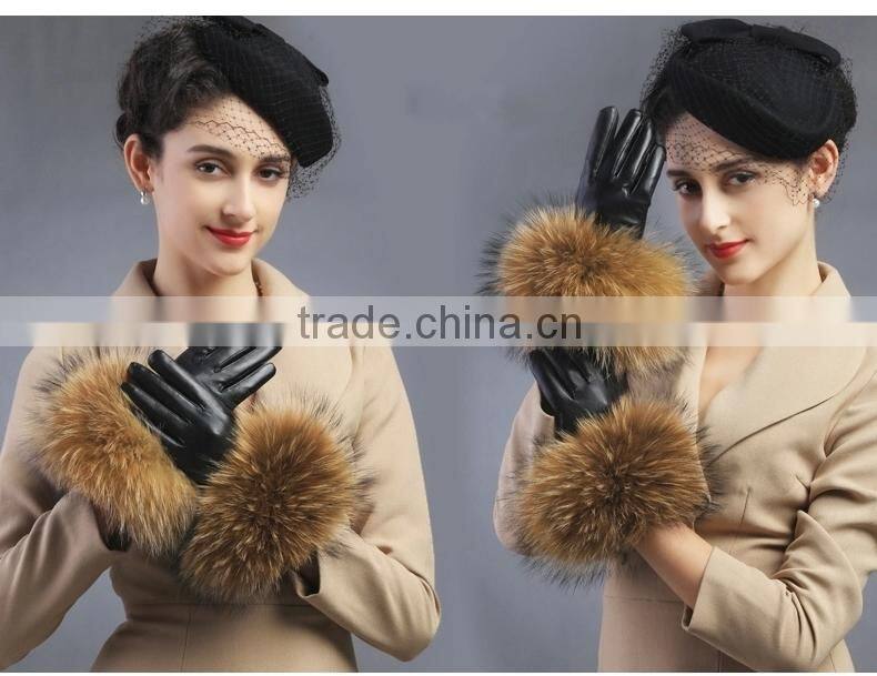 Women Girls Winter Plush Raccoon Fur Leather Mitten Gloves Warm Driving Gift