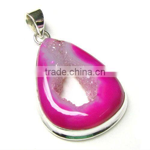 Sterling Silver Faceted Red Colored Ganet & Pink Druzy Pendant