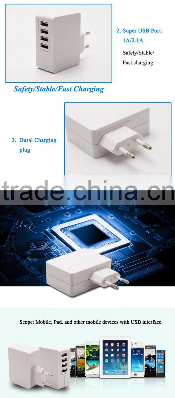 5V 4.2A 4 USB port mobile phone charger | usb travel charger