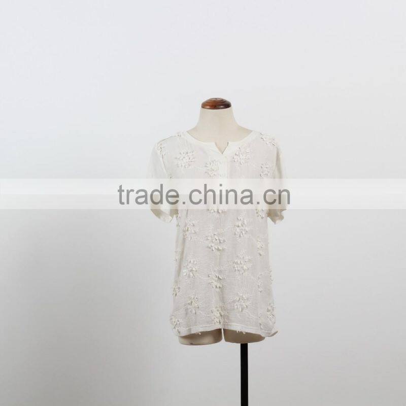 OEM softextile white top shirt girl woman short sleeves emibroidery flower fashion plain shirt