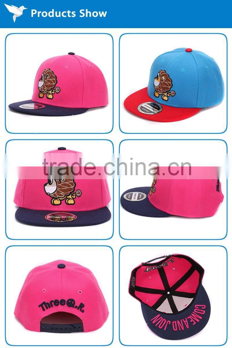 Best quality custom embroidery lion hip hop adjustable snapback flat brim kids caps