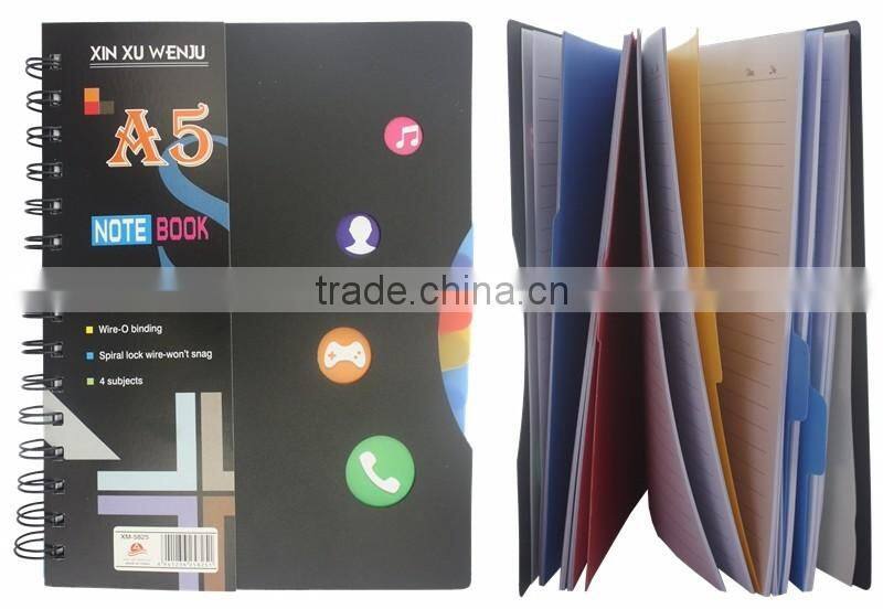 Cheap plastic cover spiral note book with colored PP dividers