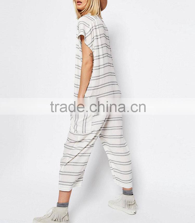 Trade Assurance onling shopping plunge neck sexy 2016 new striped jumpsuit for ladies