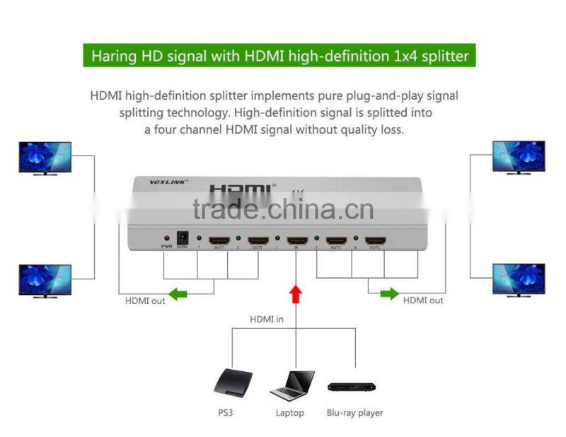 VOXLINK 4K HDMI splitter 1x4 (HDMI 1.4,HDCP1.4 ,4K,IR extension, EDID management, RS232) EU/US/UK/AU