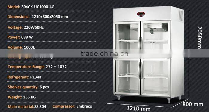 1000L Two Door Stainless Steel Commercial Beverage Cooler/Upright Beverage Cooler/4 Door Beverage Cooler