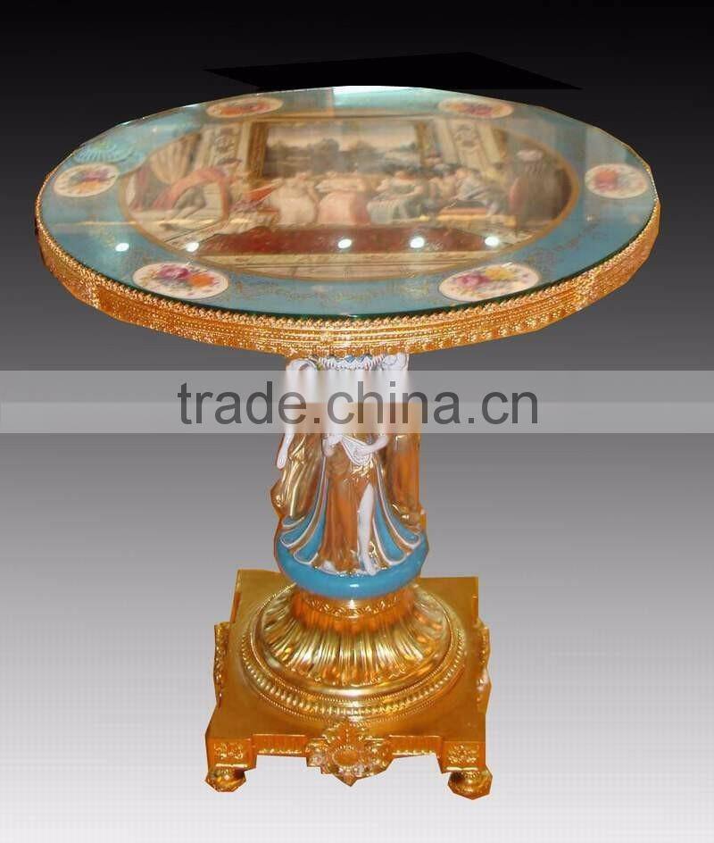 Antique European Small Round Porcelain Table, Hand Painted Ceramic Telephone Table, Home Decorative Gilt Brass Mounted Side Tabl