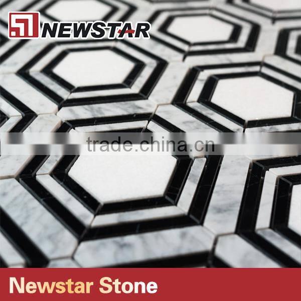 Newstar Polished Italian Black and White Marble Hexagon Mosaic Patterns Tile