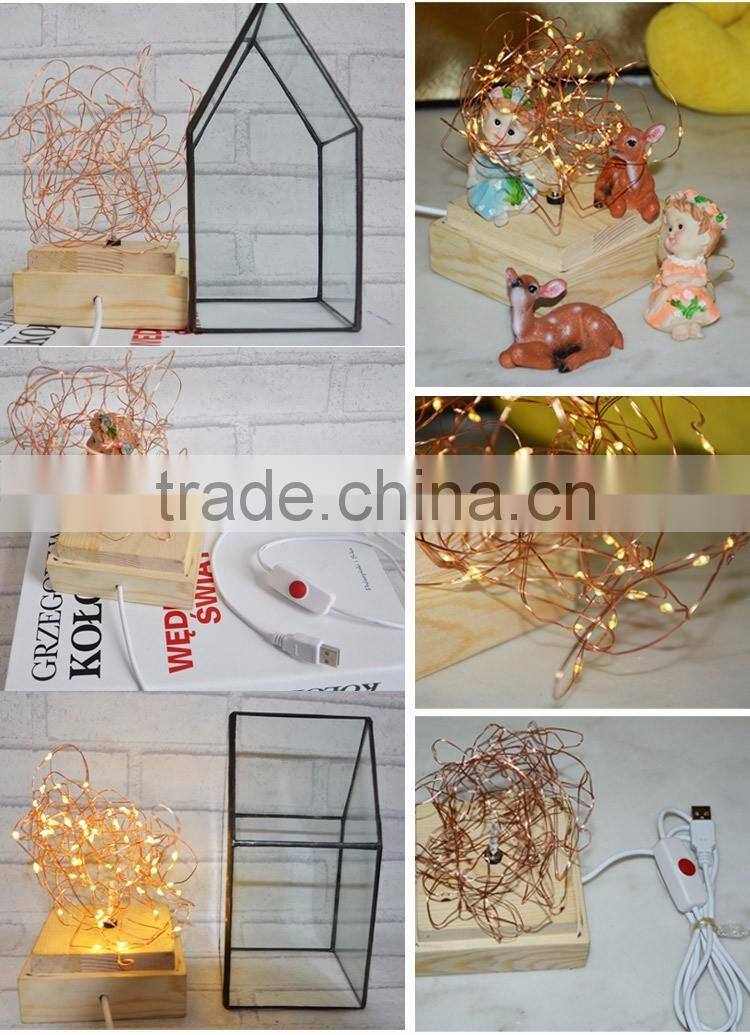 Decorative Glass House Design Night Light, Wooden DIY Fireworks Silver Flower Beautiful Bedding Room Warm Light